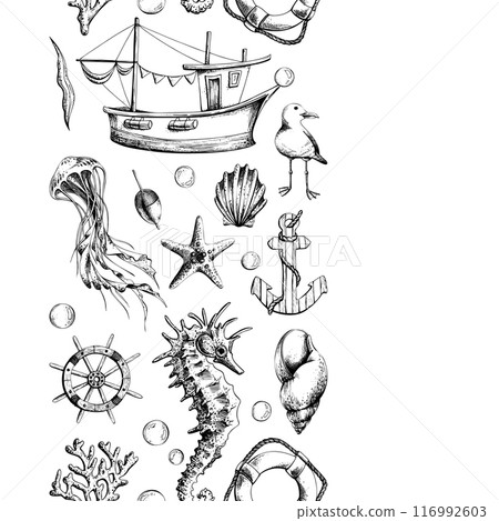 Seamless board with marine underwater inhabitants, a lighthouse and a boat. Illustration of graphic line art in black and white, hand drawn from the SYMPHONY OF THE SEA collection. Seamless board with marine underwater inhabitants, a lighthouse and a boat. Illustration of graphic line art in black and white, hand drawn from the SYMPHONY OF THE SEA collection. 116992603
