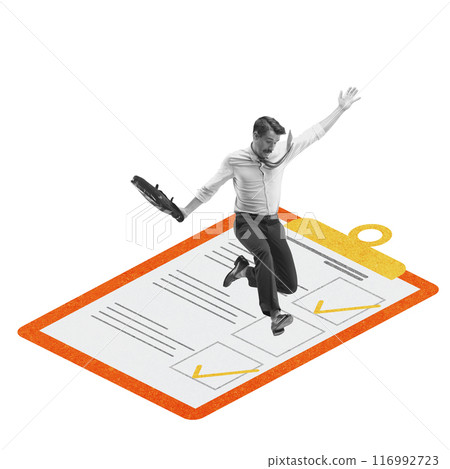 Businessman jumping with excitement over giant clipboard with completed checkboxes, symbolizing achievement of goals and meeting deadlines efficiently. Contemporary art collage. 116992723