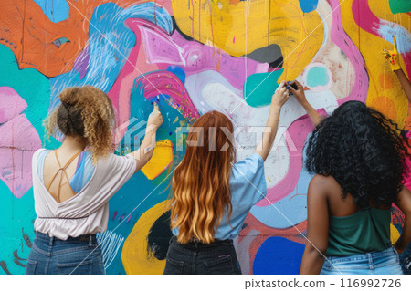 A group of friends collaboratively paints a mural on a community wall, bringing vibrant colors and creativity to the neighborhood, the project fosters unity and artistic expression, do it together 116992726