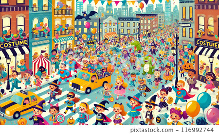 A town bustling with Halloween costumes 116992744
