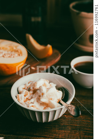 Ice Cream Mixed with Melon and Covered with Berry Syrup Ice Cream Mixed with Melon and Covered with Berry Syrup 116992761