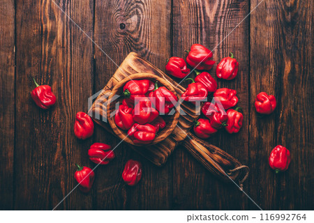 Habanero Peppers on a Wooden Surface Habanero Peppers on a Wooden Surface 116992764