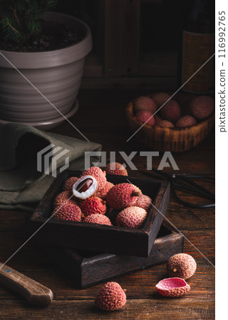 Delicious Lychee Fruits in Rustic Box Delicious Lychee Fruits in Rustic Box 116992765