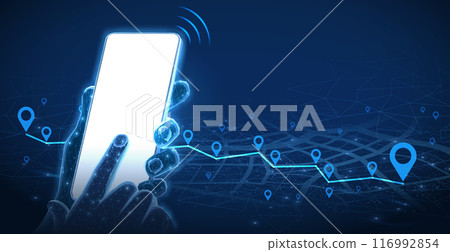 Phone mockup in hand and pins connected. Phone mobile app, gps tracker, 116992854