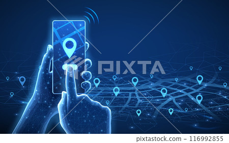 Phone with map and pins. Phone mobile app, gps tracker, geo location 116992855