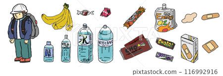 Illustration of a person carrying a disaster prevention backpack and food in pencil style Illustration of a person carrying a disaster prevention backpack and food in pencil style 116992916