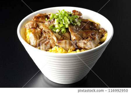 Pheasant rice bowl, yakitori rice bowl, and oyakodon photographed against a black background Pheasant rice bowl, yakitori rice bowl, and oyakodon photographed against a black background 116992950