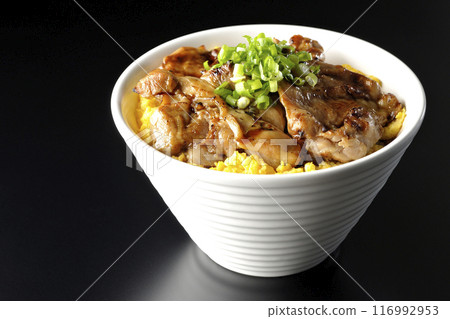木地燒丼、烤雞肉串丼、親子丼在黑色背景下拍攝 木地燒丼、烤雞肉串丼、親子丼在黑色背景下拍攝 116992953