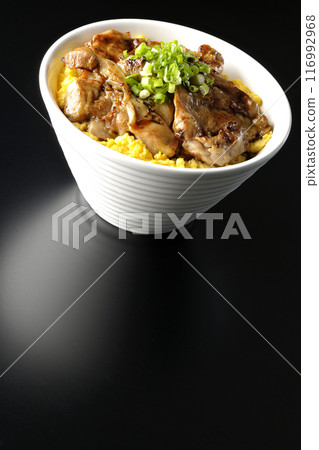 Pheasant rice bowl, yakitori rice bowl, and oyakodon photographed against a black background 116992968
