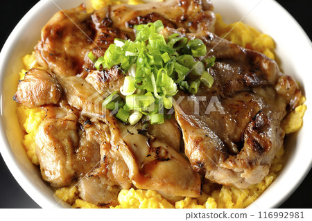 木地燒丼、烤雞肉串丼、親子丼在黑色背景下拍攝 116992981