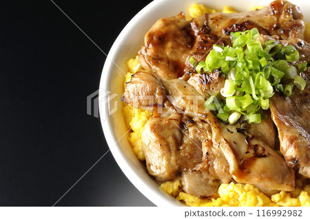 木地燒丼、烤雞肉串丼、親子丼在黑色背景下拍攝 116992982