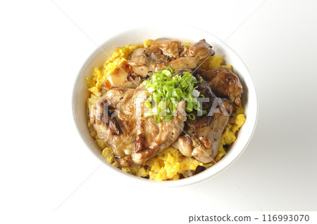 Pheasant rice bowl, yakitori rice bowl, oyakodon, photographed on white background 116993070