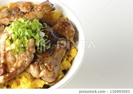 Pheasant rice bowl, yakitori rice bowl, oyakodon, photographed on white background Pheasant rice bowl, yakitori rice bowl, oyakodon, photographed on white background 116993083