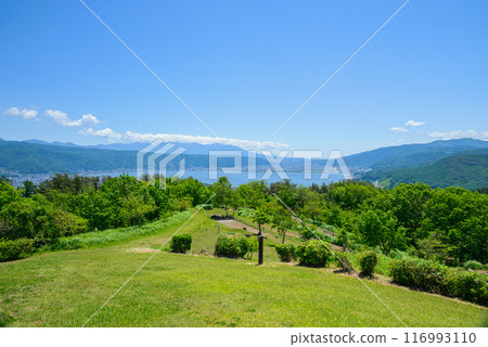 [Toriidaira Yamabiko Park] Lake Suwa and the Yatsugatake mountain range spread out below [Okaya City] 116993110