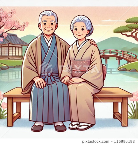 A quiet day for a smiling elderly couple in a Japanese garden 116993198