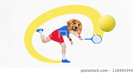 Contemporary art collage. Tennis player with head of dog hitting ball against white background with yellow motion-line. Contemporary art collage. Tennis player with head of dog hitting ball against white background with yellow motion-line. 116993344