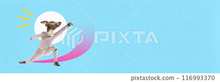 Banner. Contemporary art collage. Fencer with head of dog in white uniform training attacking technique against blue backdrop. Banner. Contemporary art collage. Fencer with head of dog in white uniform training attacking technique against blue backdrop. 116993370