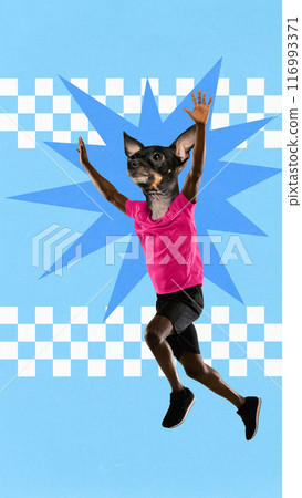 Contemporary art collage. Triumphant dog-headed runner crossed finish line raising arms of joy and happiness against blue background. Contemporary art collage. Triumphant dog-headed runner crossed finish line raising arms of joy and happiness against blue background. 116993371