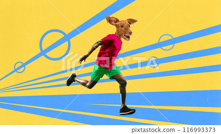 Contemporary art collage. Jogger with head of dog running in motion to finish line against yellow background with dynamic blue lines. 116993373