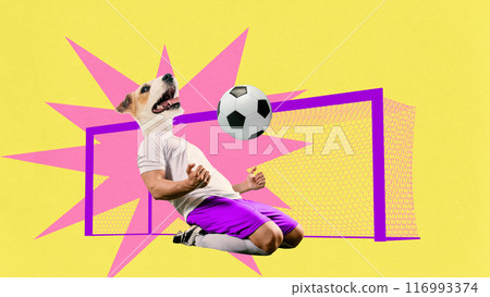 Contemporary art collage. Triumphing soccer player with head of dog kneeling by gates against yellow background. 116993374