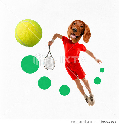 Contemporary art collage. energetic tennis player jumping in motion to hit ball with racquet with dynamic line of circles as motion. 116993395