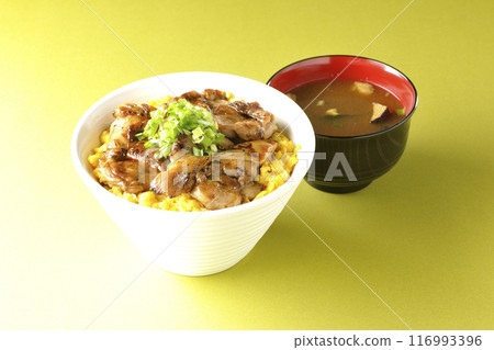 Grilled pheasant rice bowl, Yakitori rice bowl, Oyakodon rice bowl, Miso soup Grilled pheasant rice bowl, Yakitori rice bowl, Oyakodon rice bowl, Miso soup 116993396