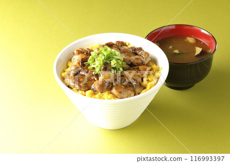 Grilled pheasant rice bowl, Yakitori rice bowl, Oyakodon rice bowl, Miso soup Grilled pheasant rice bowl, Yakitori rice bowl, Oyakodon rice bowl, Miso soup 116993397