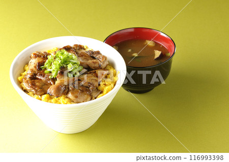 Grilled pheasant rice bowl, Yakitori rice bowl, Oyakodon rice bowl, Miso soup Grilled pheasant rice bowl, Yakitori rice bowl, Oyakodon rice bowl, Miso soup 116993398