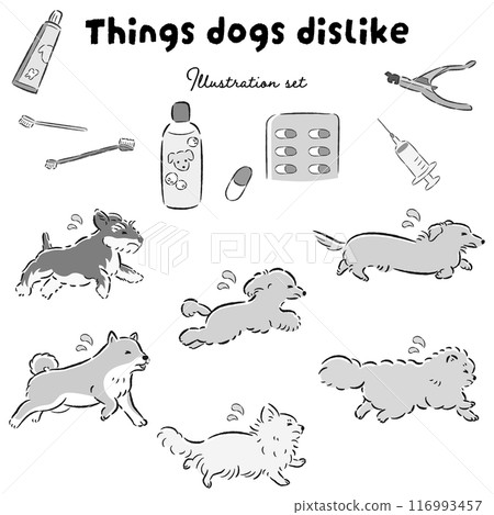Illustration set of a dog with a troubled expression and things he doesn't like Illustration set of a dog with a troubled expression and things he doesn't like 116993457