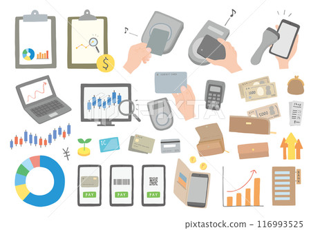 一組與金錢、支付、投資等相關的手繪插圖。 116993525