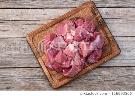 Beef cubes . Photography of raw cutting meat Beef cubes . Photography of raw cutting meat 116993566