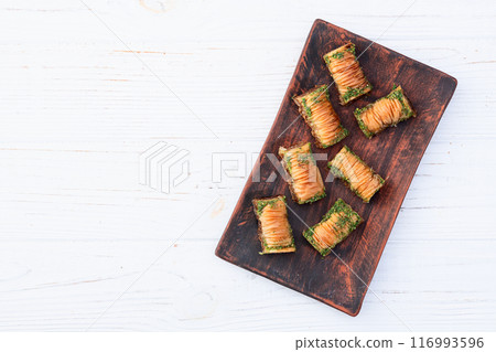 Traditional Turkish dessert baklava with walnut 116993596