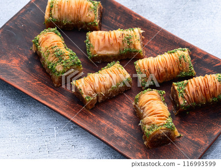 Traditional Turkish dessert baklava with walnut 116993599
