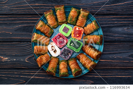Turkish delight candy with arabic baklava . Rahat lokum photography 116993634