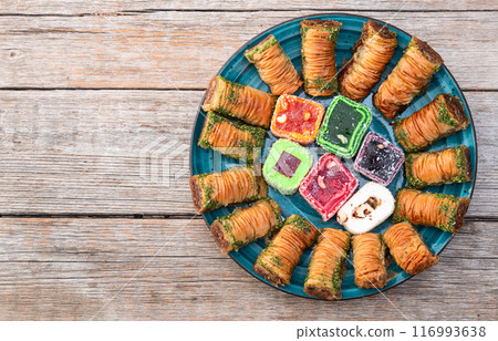 Turkish delight candy with arabic baklava . Rahat lokum photography 116993638