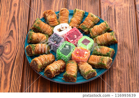 Turkish delight candy with arabic baklava . Rahat lokum photography 116993639