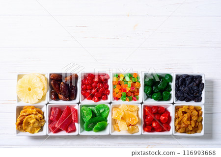 Group of dried and candied fruit in bowl Group of dried and candied fruit in bowl 116993668