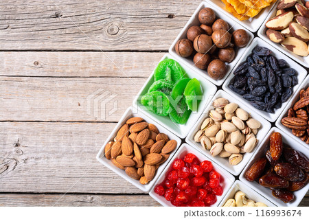 Mix of dried and candied fruits and nuts Mix of dried and candied fruits and nuts 116993674