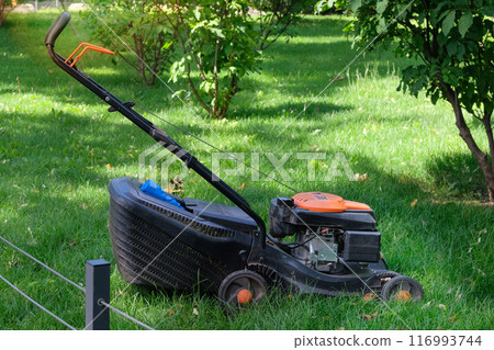 Lawn-mower in a city park. Cutting lawns in summer. Use of an electric trimmer in landscape design. Lawn-mower in a city park. Cutting lawns in summer. Use of an electric trimmer in landscape design. 116993744