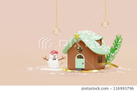 3d green house with snowman, snow globe, pine leaves, snowflake isolated on pink background. merry christmas  and festive New Year concept, 3d illustration render 116993796