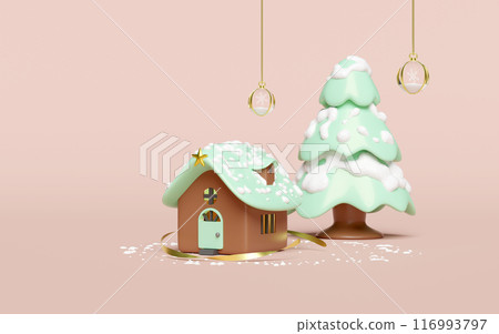 3d house with snow globe, green christmas tree, snowflake isolated on pink background. merry christmas and festive New Year concept, 3d illustration render 3d house with snow globe, green christmas tree, snowflake isolated on pink background. merry christmas and festive New Year concept, 3d illustration render 116993797