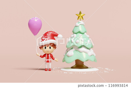 3d santa girl holding balloons with green christmas tree isolated on pink background. merry christmas and happy new year, 3d render illustration 3d santa girl holding balloons with green christmas tree isolated on pink background. merry christmas and happy new year, 3d render illustration 116993814