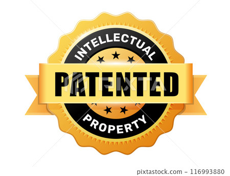 Patented, gold medal or badge, intellectual property and rights holder emblem or seal, vector Patented, gold medal or badge, intellectual property and rights holder emblem or seal, vector 116993880