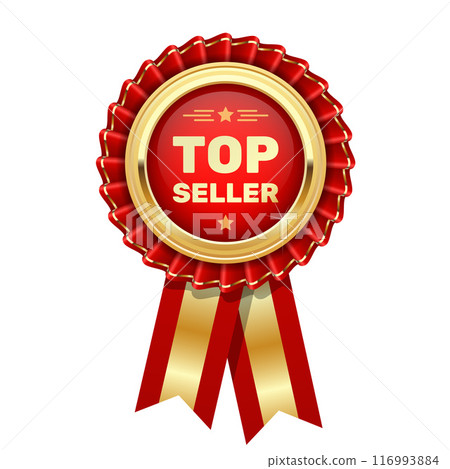 Red rosette Top seller, gold badge or medal with word topseller, popular product pin, vector Red rosette Top seller, gold badge or medal with word topseller, popular product pin, vector 116993884