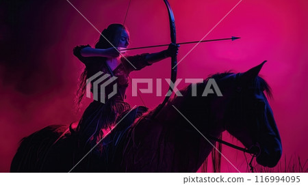 Woman, warrior archer on horseback, illuminated by vibrant pink light, aims her bow with precision. 116994095