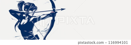 Creative illustration with silhouette of woman, archer with bow and arrow, aiming at bullseye. 116994101