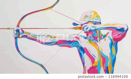 Vibrant archer drawing bow with precision, concentration on target. Focus and strength 116994108