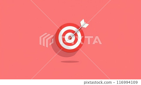 Illustration of white arrow piercing the center of a red and white target against pink background. 116994109