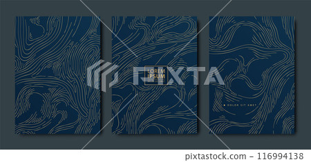 Vector set of wave elegant, premium gold lines pattern on blue. Marble texture, modern curve art, corporate presentation cover, exclusive ornament Vector set of wave elegant, premium gold lines pattern on blue. Marble texture, modern curve art, corporate presentation cover, exclusive ornament 116994138