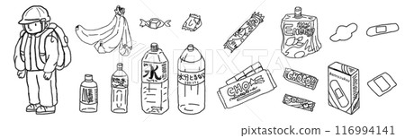 Illustration of a person carrying a disaster prevention backpack and food in pencil style Illustration of a person carrying a disaster prevention backpack and food in pencil style 116994141